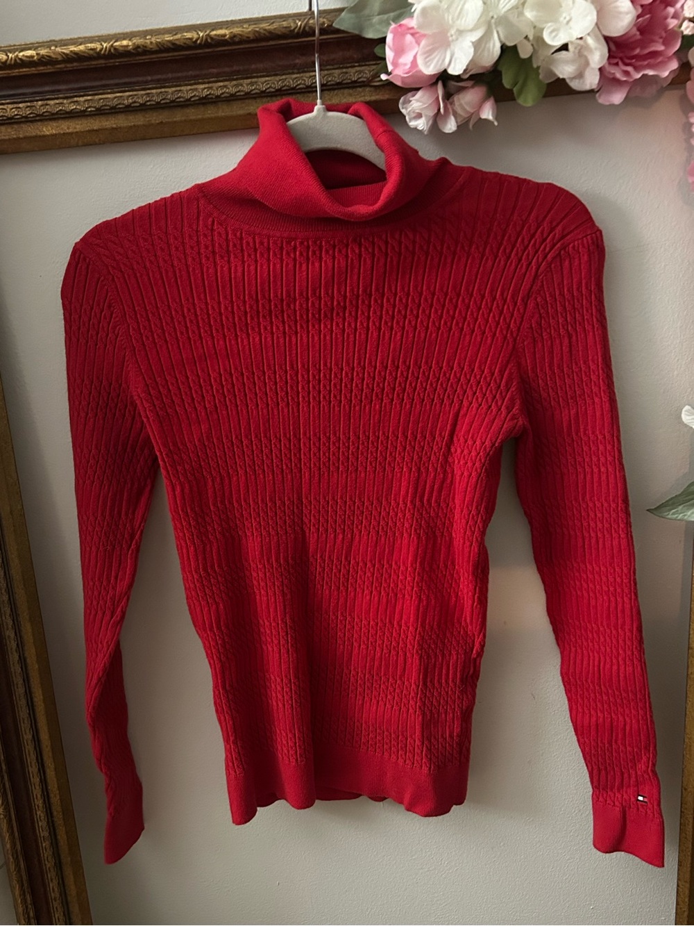 Tommy Hilfiger Red Ribbed and cable knit  turtle neck Sweater